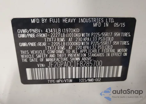 2015 Subaru Xv Crosstrek 2.0I Premium z USA, uszkodzony, nr VIN JF2GPACC1F8285700